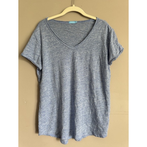 J McLaughlin T Shirt Women Size M Blue Linen Stretch V Neck Raw Rolled Hem Top - Picture 1 of 3